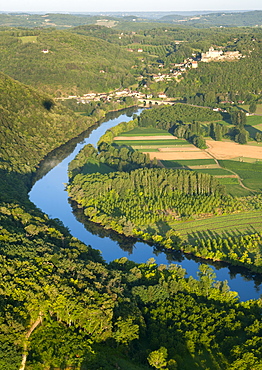 Aerial view over the Dordogne river and surrounding countryside near Sarlat in the Dordogne-Perigord region, France, Europe