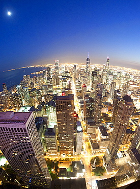 Night-time view over Chicago from the observation deck of the 100-storey John Hancock Tower in Chicago, Illinois, United States of America, North America