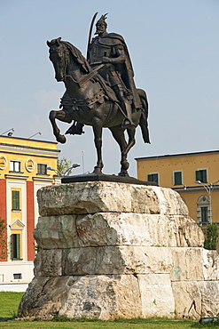 The Skanderbeg Monument in Skanderbeg Square in Tirana, capital of Albania, Europe