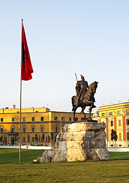 The Skanderbeg Monument in Skanderbeg Square in Tirana, capital of Albania, Europe