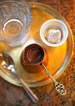 Turkish coffee as served in a cafe in Sarajevo, Bosnia and Herzegovina, Europe