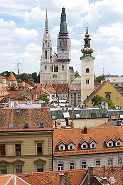 Rooftops and the twin spires of the Cathedral of the Assumption of the Blessed Virgin Mary, Zagreb, capital of Croatia, Europe