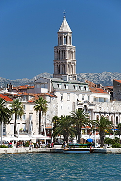 The waterfront promenade and tower of the Cathedral of St. Domnius in the city of Split, Adriatic Coast, Croatia, Europe