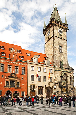 The Old Town Hall Tower and buildings in Staromestske namesti (Old Town Square), Prague, Czech Republic, Europe