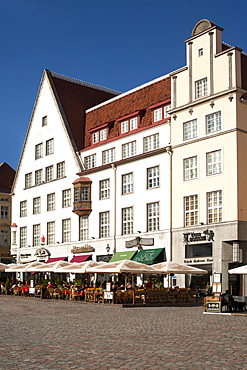 Buildings and restaurants on Raekoja Plats (Town Hall Square) in Tallinn, Estonia, Baltic States, Europe