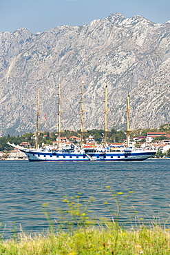 Tall sailing ship anchored in Kotor Bay, UNESCO World Heritage Site, Montenegro, Europe