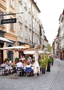 Sidewalk cafes in the old town in Ljubljana, Slovenia, Europe