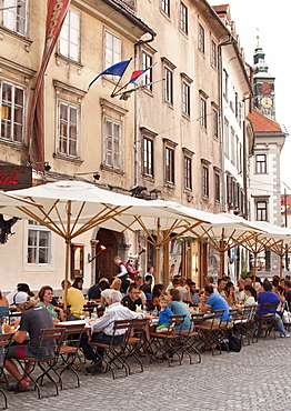 Sidewalk cafes in the old town in Ljubljana, Slovenia, Europe