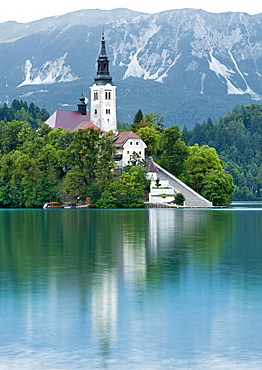 The Pilgrimage Church of the Assumption of Mary on Bled Island in the centre of Lake Bled in northwest Slovenia, Europe