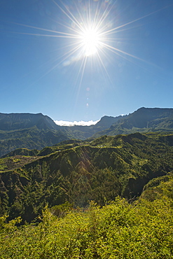 The Cirque de Cilaos caldera on the French island of Reunion in the Indian Ocean, Africa