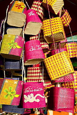 Bags for sale at the market in the village of St. Paul on the French island of Reunion in the Indian Ocean, Africa