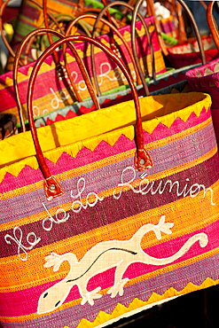 Bags for sale at the market in the village of St. Paul on the French island of Reunion in the Indian Ocean, Africa