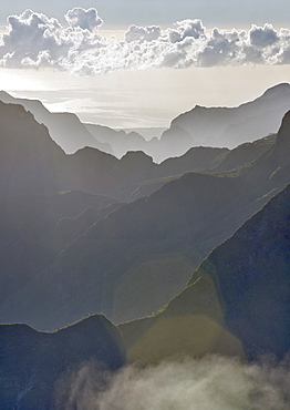 Mountain ridges of the Cirque de Mafate caldera on the French island of Reunion in the Indian Ocean, Africa