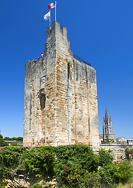 Bell tower of the Monolithic Church in St.-Emilion village in the Aquitaine region of southwestern France, Europe