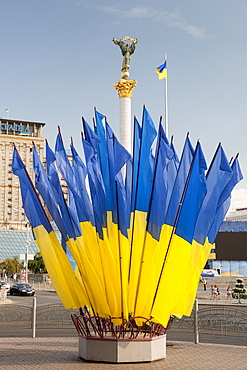 Ukrainian flags and Independence column in Independence Square (Maidan Nezalezhnosti) in Kiev, the capital of Ukraine, Europe