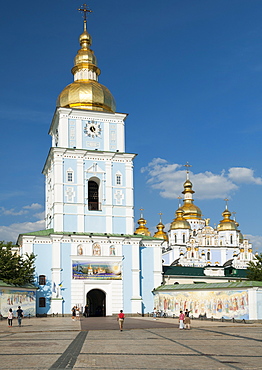 Bell tower and cathedral of St. Michael's Golden-Domed Monastery in Kiev, the capital of Ukraine, Europe