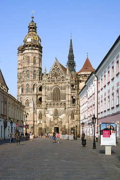 Church and small street in the historic town of Kosice in eastern Slovakia.