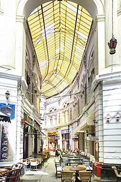 Macca-Vilacrosse passage, a fork-shaped, covered pedestrian arcade street in Bucharest, Romania, Europe