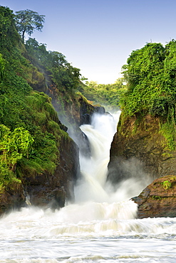 View of Murchison Falls on the Victoria Nile River in the Murchison Falls National Park in Uganda.