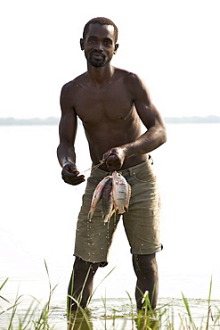 Ugandan man with Tilapia fish at Kasenyi village on the shores of Lake George in western Uganda.