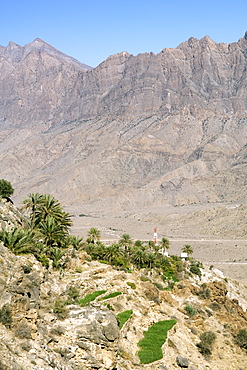 The village of Wekan and its plantations situated high in the Ghubrah bowl region of the Jebel Akhdar mountains in Oman.