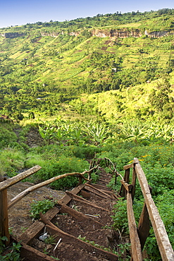 View of a staircase and surrounding scenery near Sipi Falls on the slopes of Mount Elgon in eastern Uganda.