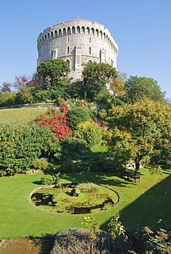 The Round Tower and gardens in Windsor Castle, home to Royalty for 900 years, Windsor, Berkshire, England, UK