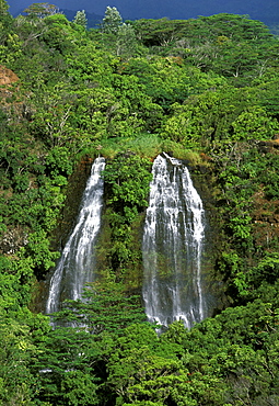 The Opaekaa Falls on the lush slopes inland from Wailua on the east coast of Kauai, the 'Garden Island', Kauai, Hawaii, USA