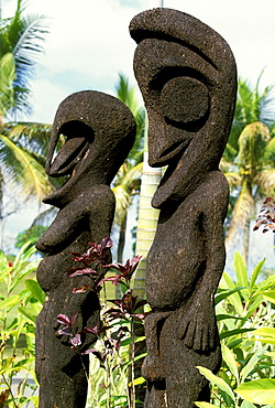 Male and female 'fern figures', traditional statues made from tree fern trunks, Efate Island, Port Vila, Vanuatu