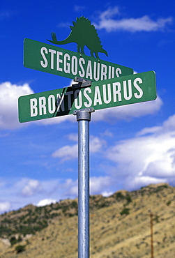 Street sign at Dinosaur in the far north west. Previously called Artesia, it was renamed in 1965 to capitalize on it's proximity to Dinosaur National Monument, North West, Colorado, USA