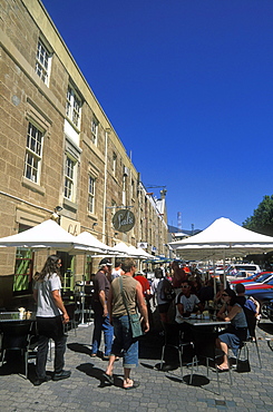 Sandstone warehouses converted to cafes, galleries and shops at popular Salamanca Place, Hobart, Tasmania, Australia, Pacific