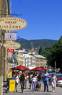 Sandstone warehouses converted to cafes, galleries and shops at popular Salamanca Place, Hobart, Tasmania, Australia, Pacific