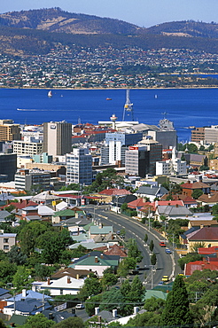 Looking east across the centre of the state capital  towards the River Derwent, Hobart, Tasmania, Australia, Pacific