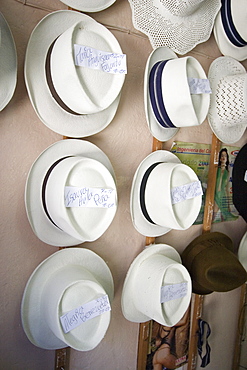 Sombreros Don Migue, a famous hat shop on Calle Larga where paja toquilla, misnamed panama hats, are sold and repaired with white sulphur paint, Cuenca, Azuay Province, Southern Highlands, Ecuador, South America