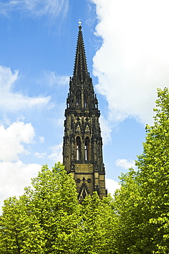 Spire of the ruined St. Nicholas Church, a marker for WWII bombers that devastated the city, now a war memorial, Hamburg, Germany, Europe 