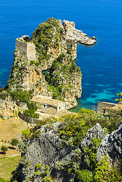 Old tower and buildings at the Tonnara di Scopello, an old tuna fishery and now a popular beauty spot, Scopello, Trapani, Sicily, Mediterranean, Europe