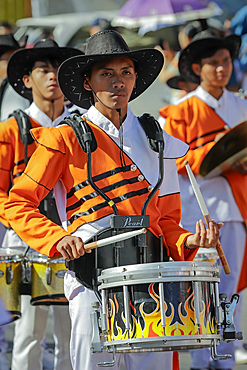 Drummers marching at the annual Tomohon International Flower Festival parade, Tomohon, North Sulawesi, Sulawesi, Indonesia, Southeast Asia, Asia