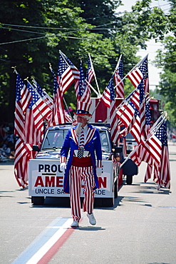 Uncle Sam leading Bristol's famous 4th of July parade, the oldest in the U.S.A., Bristol, Rhode Island, New England, United States of America, North America