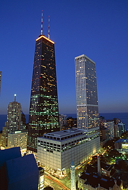 The John Hancock Center on left, Water Tower Place on right, and the Old Water Tower in low centre, Near North of downtown, Chicago, Illinois, United States of America (USA), North America