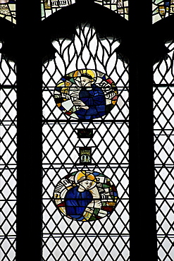 Monks in stained glass, Galilee Chapel, Durham Cathedral, County Durham, England, United Kingdom, Europe 