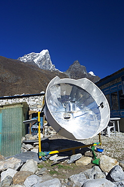 Parabolic solar powered cooker in Pheriche, Sagarmatha National Park, UNESCO World Heritage Site, Solukhumbu District, Nepal, Himalayas, Asia