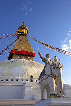 Warrior on elephant guards the north side of Boudhanath Stupa, UNESCO World Heritage Site, Kathmandu, Nepal, Asia 