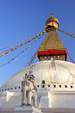 Warrior on elephant guards the north side of Boudhanath Stupa, UNESCO World Heritage Site, Kathmandu, Nepal, Asia 