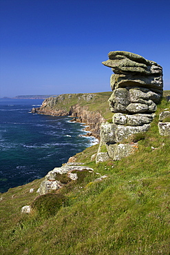 Looking to Sennen Cove from Lands End, summer sunshine, Cornwall, England, United Kingdom, Europe 