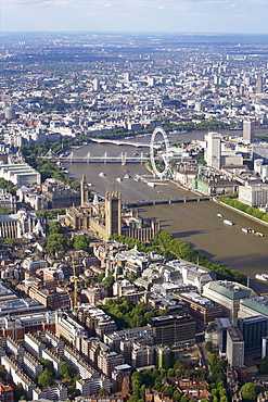 Aerial view of the Houses of Parliament, Westminster Abbey and London Eye, London, England, United Kingdom, Europe