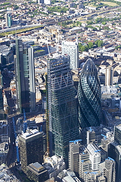 Aerial view of the Gherkin and Leadenhall Building (Cheese-grater), City of London, London, England, United Kingdom, Europe