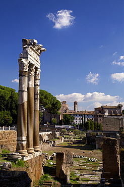 Three columns, Temple of Castor and Pollux, Roman Forum, UNESCO World Heritage Site, Rome, Lazio, Italy, Europe