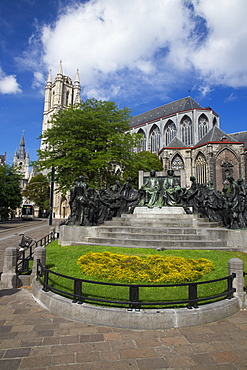 Hubert and Jan van Eyck Monument outside Saint Bavo Cathedral, city centre, Ghent, West Flanders, Belgium, Europe