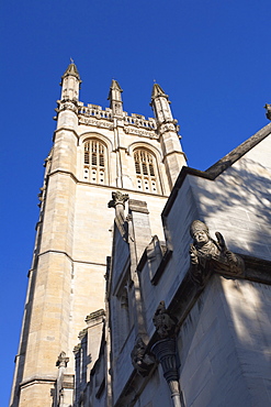 Looking up at chapel tower of Magdalen College, Oxford, Oxfordshire, England, United Kingdom, Europe