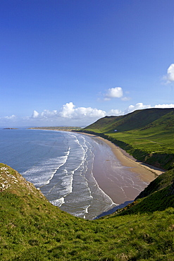 Rhossili Beach in spring morning sunshine, Gower Peninsula, County of Swansea, Wales, United Kingdom, Europe